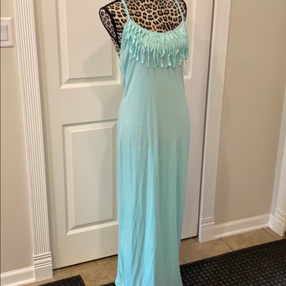 Miken Maxi Dress Fringe Swimsuit Coverup Mint Green Medium Large NWT New